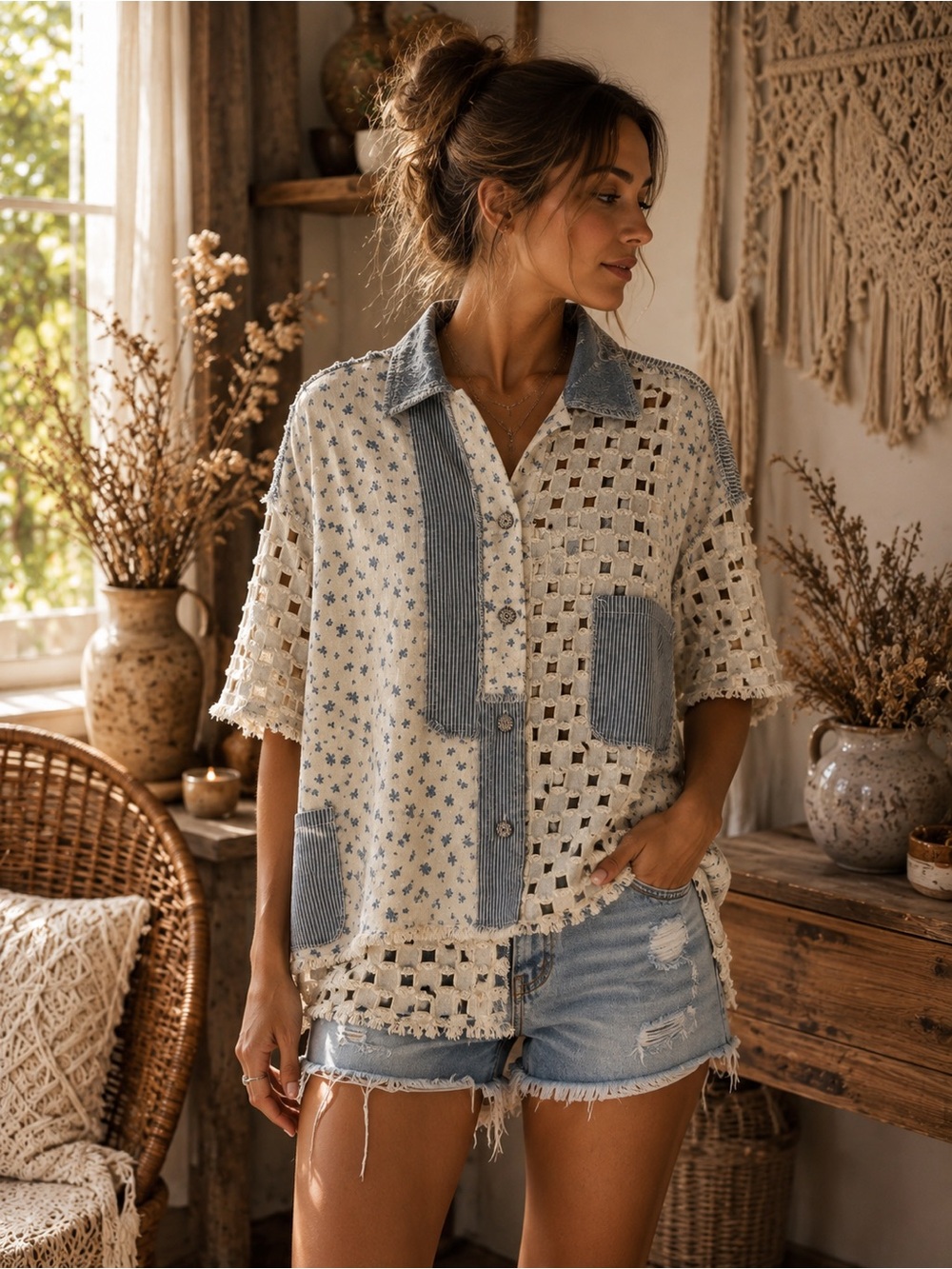 227🌟 Boho Patchwork Crochet & Floral Blouse – Small